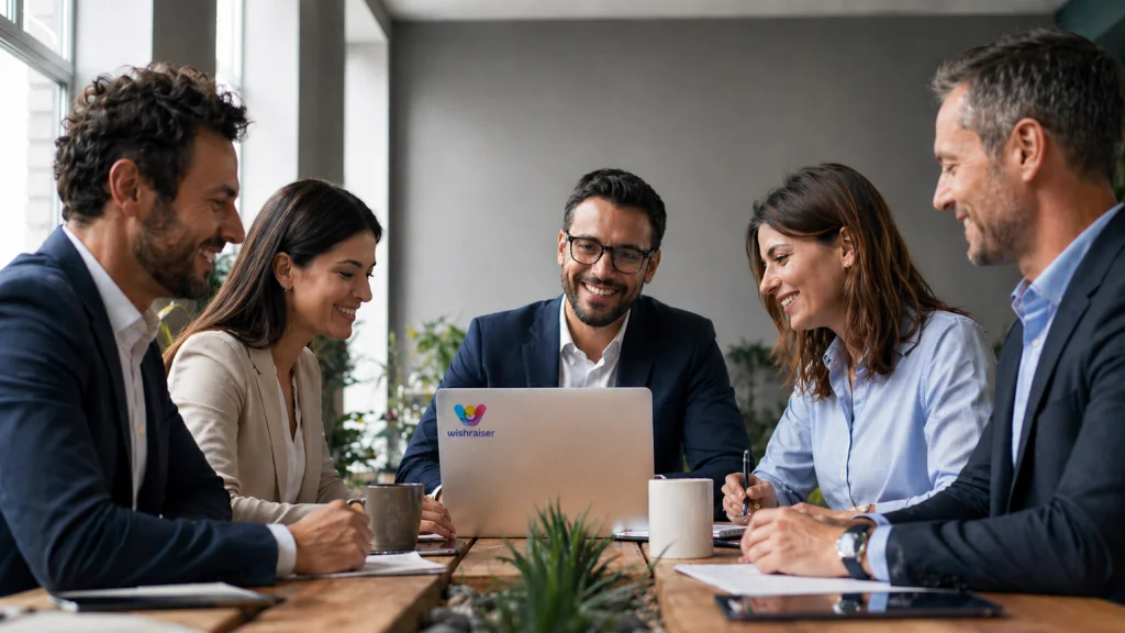 Gruppo di persone in riunione intorno a un tavolo con laptop aperto che mostra il logo Wishraiser, ambiente professionale e collaborativo