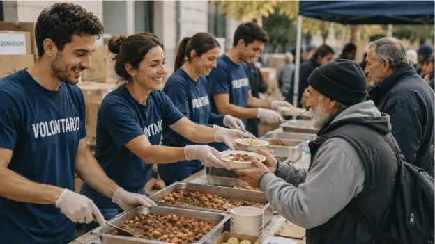 Volontari in maglietta blu con guanti che distribuiscono cibo a persone bisognose in un contesto di solidarietà e supporto comunitario