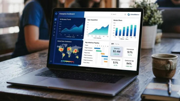 Laptop aperto su un tavolo con una dashboard aziendale che mostra grafici di revenue trends, user acquisition, market share e KPI