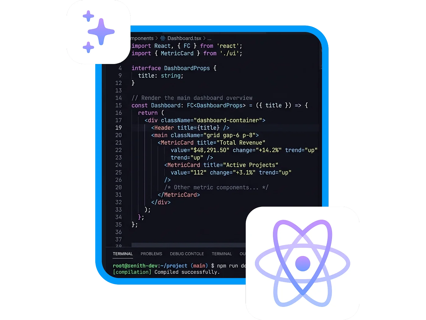 Schermata di un editor di codice con un componente React per una dashboard, che include metriche come 'Total Revenue' e 'Active Projects', e il logo di Wishraiser in basso a destra