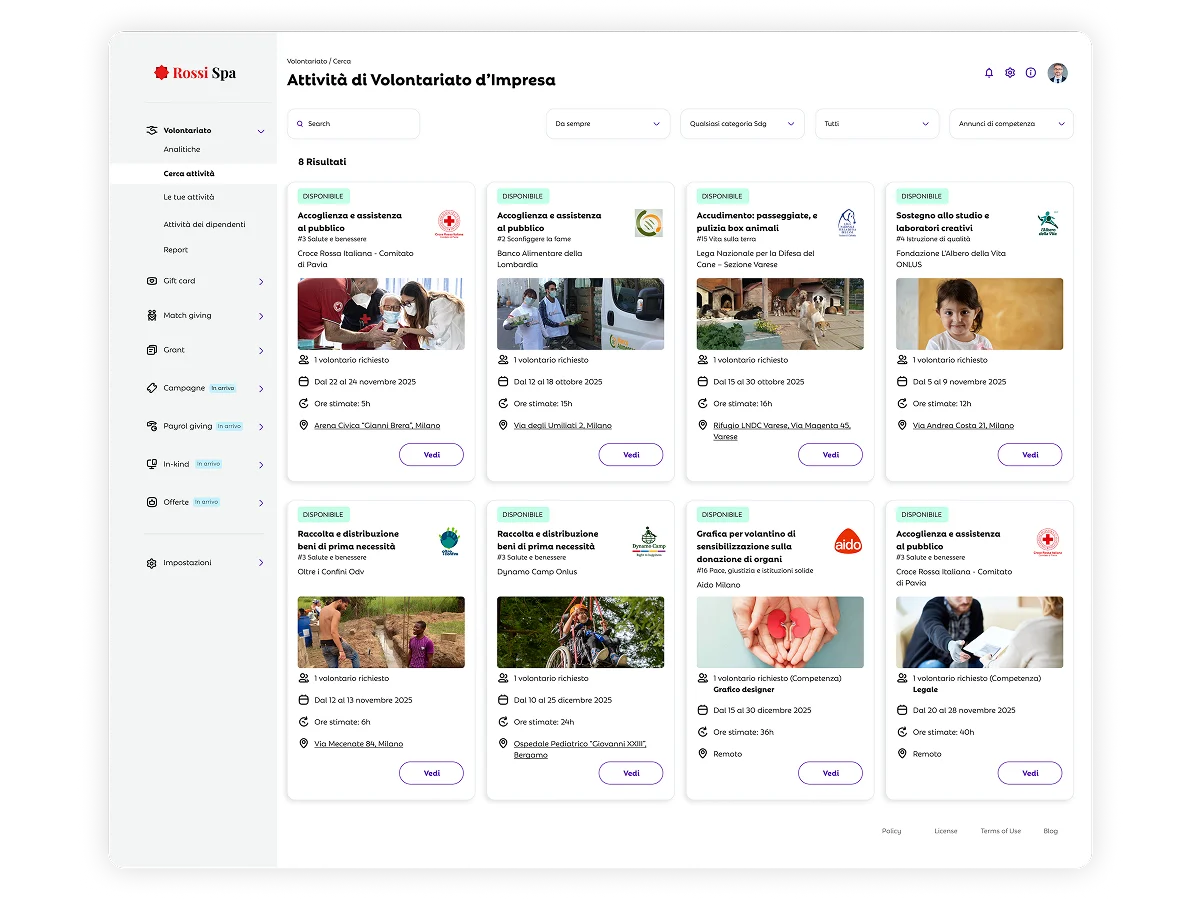 Pagina 'Attività di Volontariato d'Impresa' di One Impact Platform, con elenco di 8 attività disponibili tra cui accoglienza, assistenza, raccolta beni e laboratori creativi