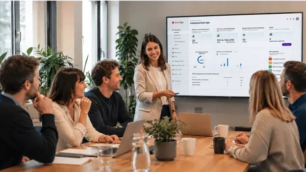Donna che presenta la dashboard di One Impact Platform durante una riunione di lavoro con colleghi, in un ufficio luminoso con piante e laptop aperti