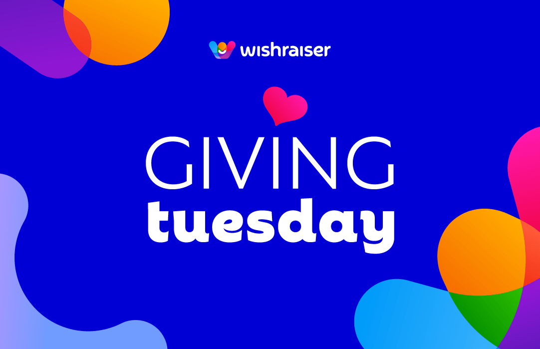 Sfondo blu con decorazioni circolari multicolore con al centro il testo 'Giving Tuesday' e il logo di Wishraiser in alto