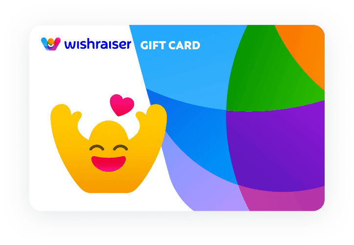 L'immagine mostra una carta regalo colorata con il logo 'wishraiser' nell'angolo in alto a sinistra. Al centro è presente un'icona stilizzata gialla che raffigura un emoji sorridente con le braccia alzate che formano una forma simile a un cuore, con un piccolo cuore rosa sopra la testa. Lo sfondo della carta regalo è diviso in sezioni fluide con diversi colori vivaci come il blu, il verde, il viola e il rosa.